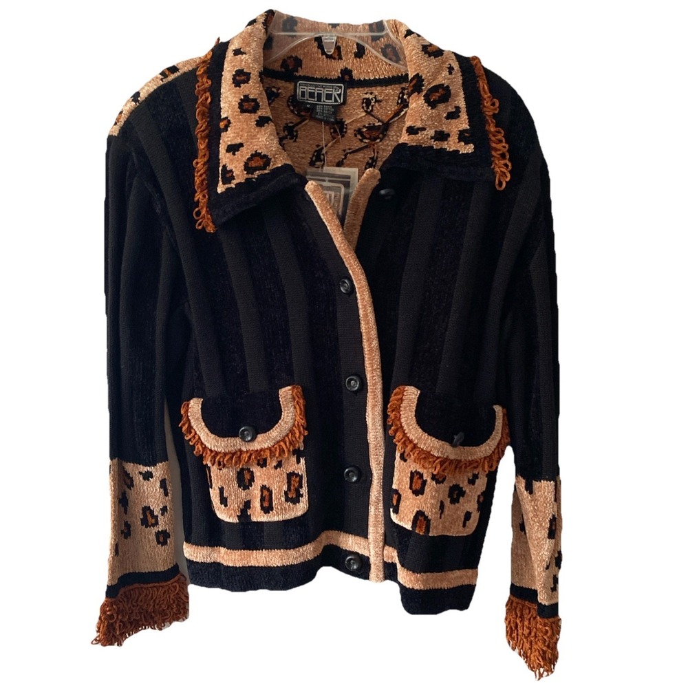 Vintage Berek 2 Animal Print Chenille Knit Cardigan Button Patch Pockets Small